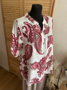 Lekka bluzka Koszula damska lniana bawełniana Boho oversize Kwiaty Czerwona