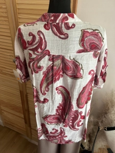 Lekka bluzka Koszula damska lniana bawełniana Boho oversize Kwiaty Czerwona