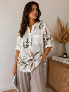 Lekka bluzka Koszula damska lniana bawełniana Boho oversize Kwiaty Beżowa