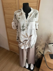 Lekka bluzka Koszula damska lniana bawełniana Boho oversize Kwiaty Beżowa
