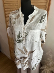 Lekka bluzka Koszula damska lniana bawełniana Boho oversize Kwiaty Beżowa