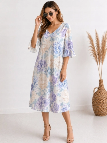 Sukienka z siateczki w kwiaty zwiewna luźna oversize Plus Size Liliowa