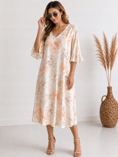 Sukienka z siateczki w kwiaty zwiewna luźna oversize Plus Size beżowa