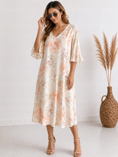 Sukienka z siateczki w kwiaty zwiewna luźna oversize Plus Size beżowa
