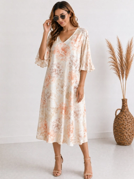 Sukienka z siateczki w kwiaty zwiewna luźna oversize Plus Size beżowa