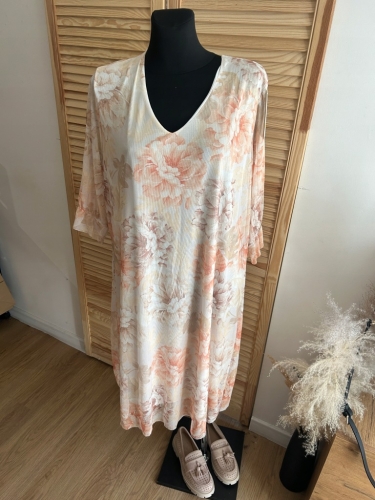 Sukienka z siateczki w kwiaty zwiewna luźna oversize Plus Size beżowa