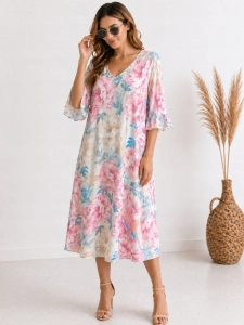 Sukienka z siateczki w kwiaty zwiewna luźna oversize Plus Size Różowa