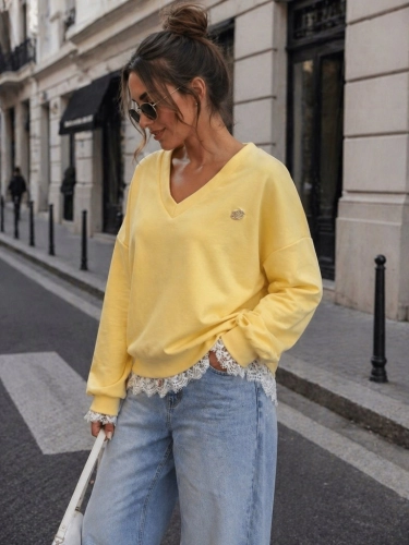 Stylowa bluza damska Masełkowa z koronką Luźna żółta