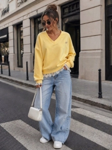 Stylowa bluza damska Masełkowa z koronką Luźna żółta