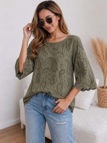Bluzka damska ażurowa Boho luźny krój Zwiewna Lekka Zielona Khaki