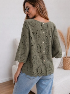 Bluzka damska ażurowa Boho luźny krój Zwiewna Lekka Zielona Khaki