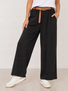 Szerokie spodne damskie Wide Leg Czarne z Paskiem Casual Uniwersalne