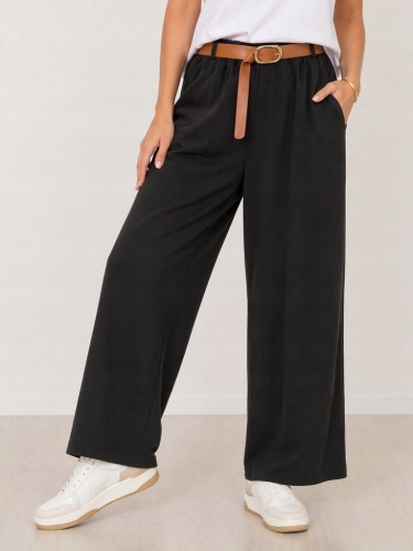 Szerokie spodne damskie Wide Leg Czarne z Paskiem Casual Uniwersalne