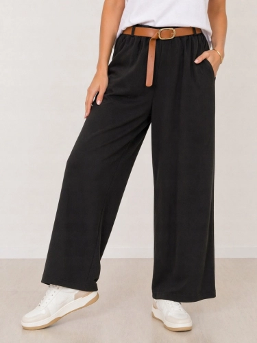 Szerokie spodne damskie Wide Leg Czarne z Paskiem Casual Uniwersalne