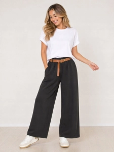 Szerokie spodne damskie Wide Leg Czarne z Paskiem Casual Uniwersalne