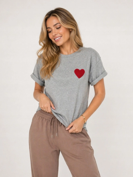 Bluzka Koszulka damska T-Shirt z Serduszkiem Serce Bawełniana Szara