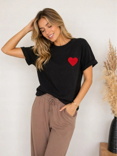 Bluzka Koszulka damska T-Shirt z Serduszkiem Serce Bawełniana Czarna