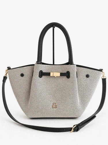 Elegancka torebka damska shopper stylowa i pojemna z misiem czarno-beżowa