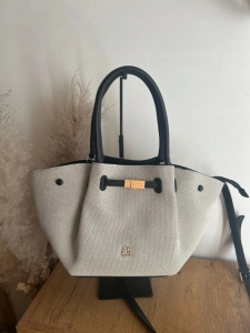 Elegancka torebka damska shopper stylowa i pojemna z misiem czarno-beżowa