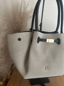 Elegancka torebka damska shopper stylowa i pojemna z misiem czarno-beżowa