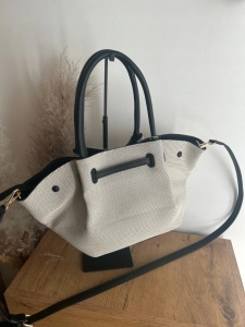 Elegancka torebka damska shopper stylowa i pojemna z misiem czarno-beżowa