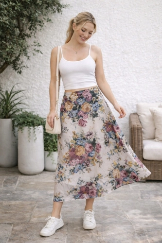 Spódnica Spódniczka w kwiaty beżowa Lekka i zwiewna Boho