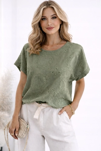 Bluzka damska Koszylka T-shirt Koronkowe Wzory Zielona Khaki