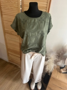 Bluzka damska Koszylka T-shirt Koronkowe Wzory Zielona Khaki