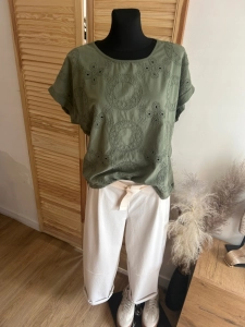 Bluzka damska Koszylka T-shirt Koronkowe Wzory Zielona Khaki