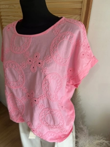Bluzka damska Koszylka T-shirt Koronkowe Wzory Różowa Landrynkowa