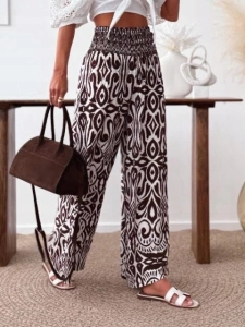 Elegancke Letnie spodnie palazzo we Wzory Etno Boho Luźne Brąz Czekoladowe