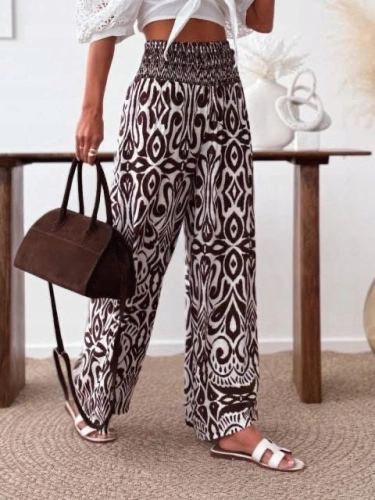 Elegancke Letnie spodnie palazzo we Wzory Etno Boho Luźne Brąz Czekoladowe