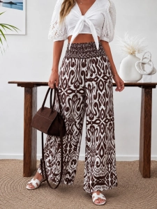 Elegancke Letnie spodnie palazzo we Wzory Etno Boho Luźne Brąz Czekoladowe