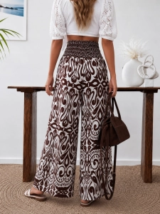 Elegancke Letnie spodnie palazzo we Wzory Etno Boho Luźne Brąz Czekoladowe