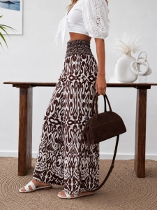 Elegancke Letnie spodnie palazzo we Wzory Etno Boho Luźne Brąz Czekoladowe