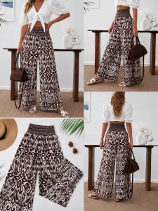 Elegancke Letnie spodnie palazzo we Wzory Etno Boho Luźne Brąz Czekoladowe