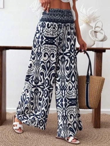 Elegancke Letnie spodnie palazzo we Wzory Etno Boho Luźne Niebieskie Granat