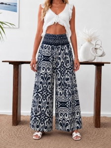 Elegancke Letnie spodnie palazzo we Wzory Etno Boho Luźne Niebieskie Granat