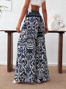 Elegancke Letnie spodnie palazzo we Wzory Etno Boho Luźne Niebieskie Granat