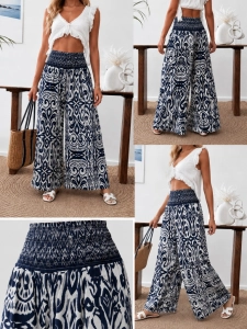Elegancke Letnie spodnie palazzo we Wzory Etno Boho Luźne Niebieskie Granat