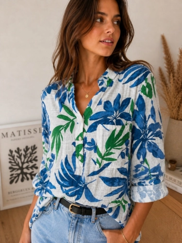 Lekka bluzka Koszula damska lniana bawełniana Boho oversize Liść Niebieska