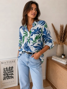 Lekka bluzka Koszula damska lniana bawełniana Boho oversize Liść Niebieska