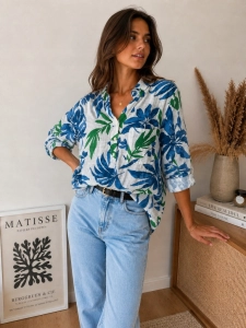 Lekka bluzka Koszula damska lniana bawełniana Boho oversize Liść Niebieska