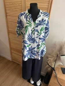 Lekka bluzka Koszula damska lniana bawełniana Boho oversize Liść Niebieska