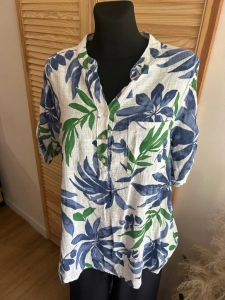 Lekka bluzka Koszula damska lniana bawełniana Boho oversize Liść Niebieska