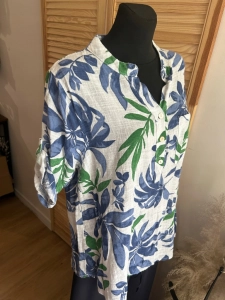 Lekka bluzka Koszula damska lniana bawełniana Boho oversize Liść Niebieska