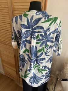 Lekka bluzka Koszula damska lniana bawełniana Boho oversize Liść Niebieska