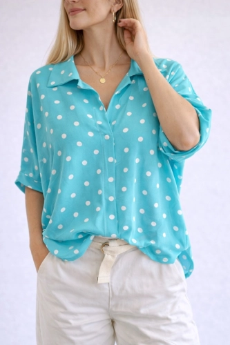 Bluzka damska oversize w Groszki Luźna Elegancka Miętowa