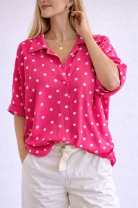 Bluzka damska oversize w Groszki Luźna Elegancka Różowa
