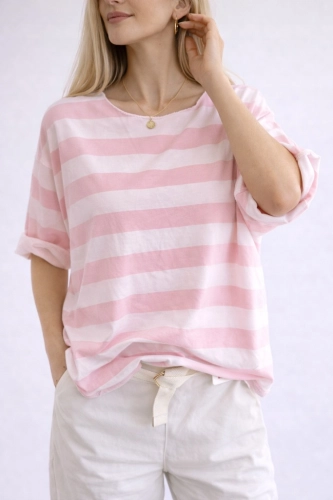 Bluzka damska oversize luźna Laserowo cięta Paski Modna Różowa